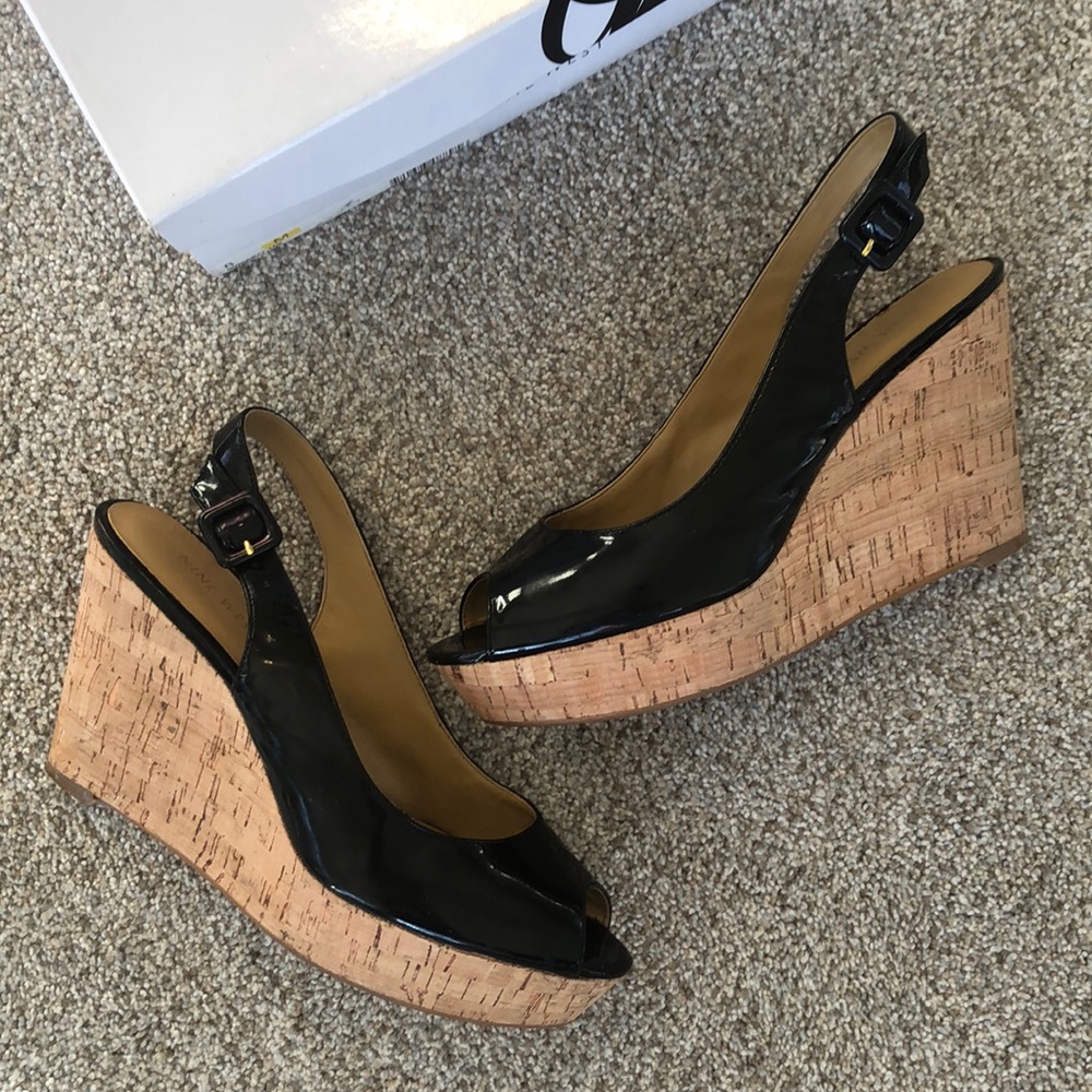 Nine West Patent Black peep toe Wedges